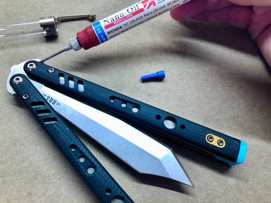 This is the oil I use on my personal collection of balisongs and I am now proud to be offering it for sale on my website as a Nano-Oil distributor. These 8cc Nano-Oil "pen applicators" have a needle-point tip for precision application of lubricant to your balisong or folding knife pivots.