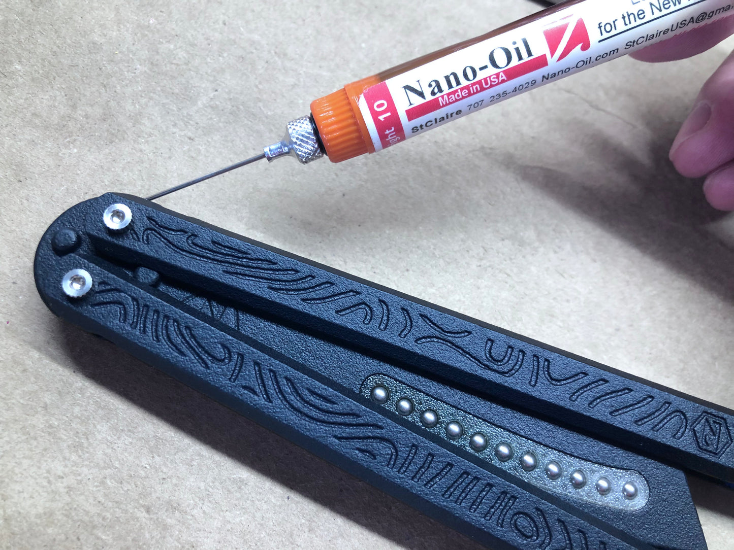 This is the oil I use on my personal collection of balisongs and I am now proud to be offering it for sale on my website as a Nano-Oil distributor. These 8cc Nano-Oil "pen applicators" have a needle-point tip for precision application of lubricant to your balisong or folding knife pivots.