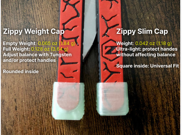 Protect your favorite balisong handles from concrete drops with the original Zippy handle caps. Weight caps to adjust the balance, slim caps for low-profile handle protection and grip for ladders, and LED caps for a light-up balisong experience. Mark your bite handle with the best bite markers on the market.