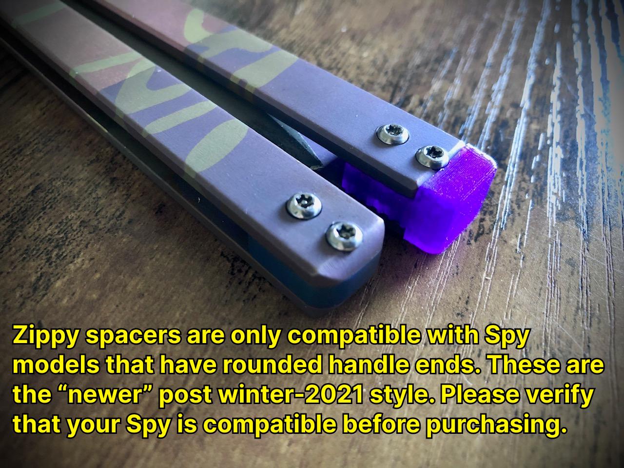 Adjust the balance and protect your Atropos balisong handles from concrete drops with these Zippy spacers for the Atropos Bro and Atropos Spy balisong. Improve your flipping with your Atropos Kirat or Atropos Demon with these extension spacers featuring positive jimping.