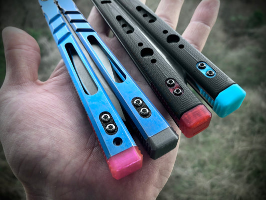 Improve the balance of your Blade Runner Systems Replicant, BRS Alpha Beast, and BRS Barebones with Zippy Spacers. Adjustable balance, positive jimping, and handle extensions to protect your favorite balisongs from concrete drops.