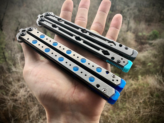 Improve the balance of your Kershaw Lucha balisong for flipping with Zippy mods: extension spacers with Jimping for the Kershaw Lucha and Flytanium Lucha, and the ZippyLucha handle mod with the high-performance Zippy bearing system.