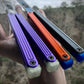 Reduce the handle bias and adjust the balance of your Glidr Arctic, Antarctic, and Bermuda balisong trainers with tungsten-weighted Zippy blade inserts and spacers featuring adjustable balance and positive jimping.