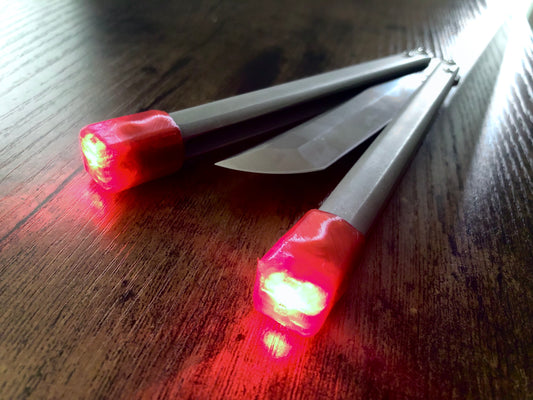 Protect your favorite balisong handles from concrete drops with the original Zippy handle caps. Weight caps to adjust the balance, slim caps for low-profile handle protection and grip for ladders, and LED caps for a light-up balisong experience. Mark your bite handle with the best bite markers on the market. Featuring Atropos Demon 2 Lite.