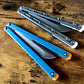 These Zippy spacers designed for the Fellowship Blades Gaboon and Invar Gaboon balisongs are made in-house from a rubbery, shatter-proof polyurethane. They add additional jimping to the Gaboon, provide a more neutral balance, and are also available as extensions which add handle length, protect the handles from drops, and include an adjustable tungsten weight system.